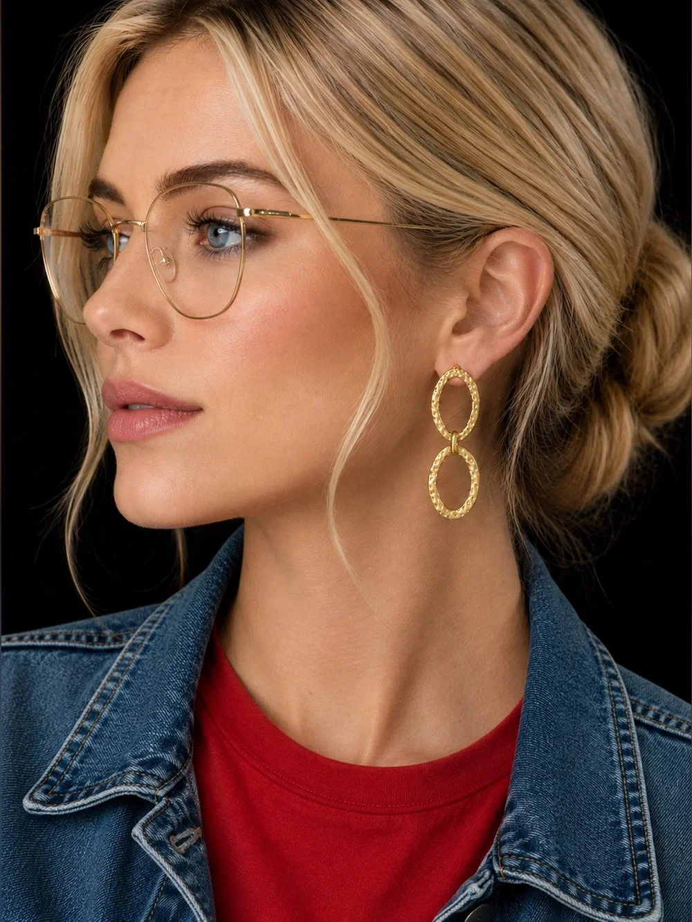 Hammered Gold Double Oval Dangle Earrings